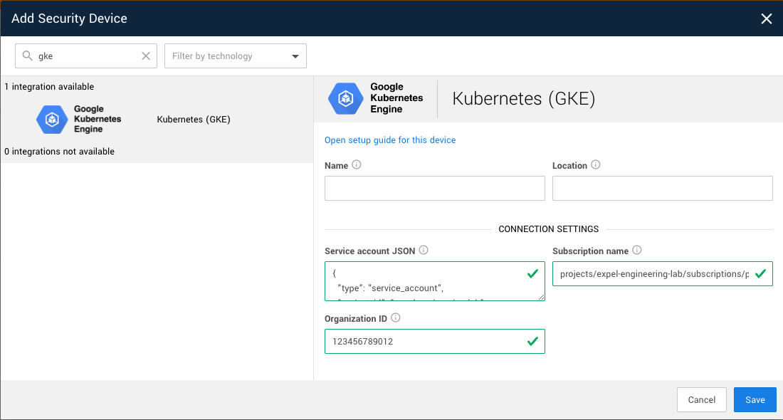 Add security device dialog with the connection settings fields filled in.