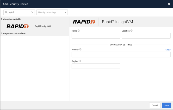 Add Security Device screen for Rapid7
