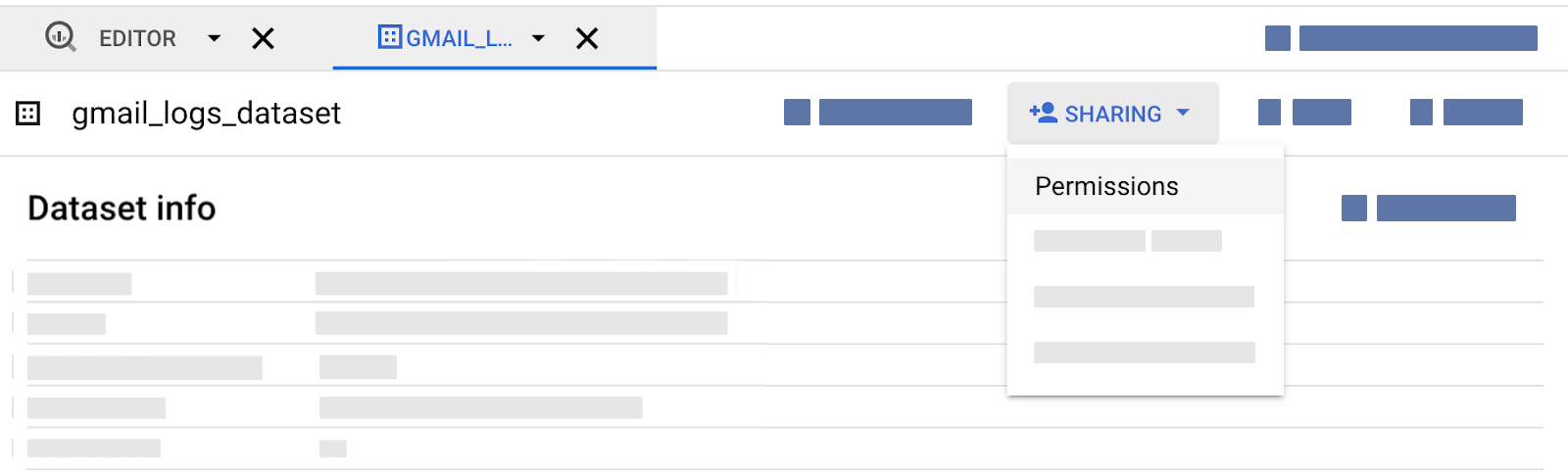 The location of the Sharing drop-down in the dataset