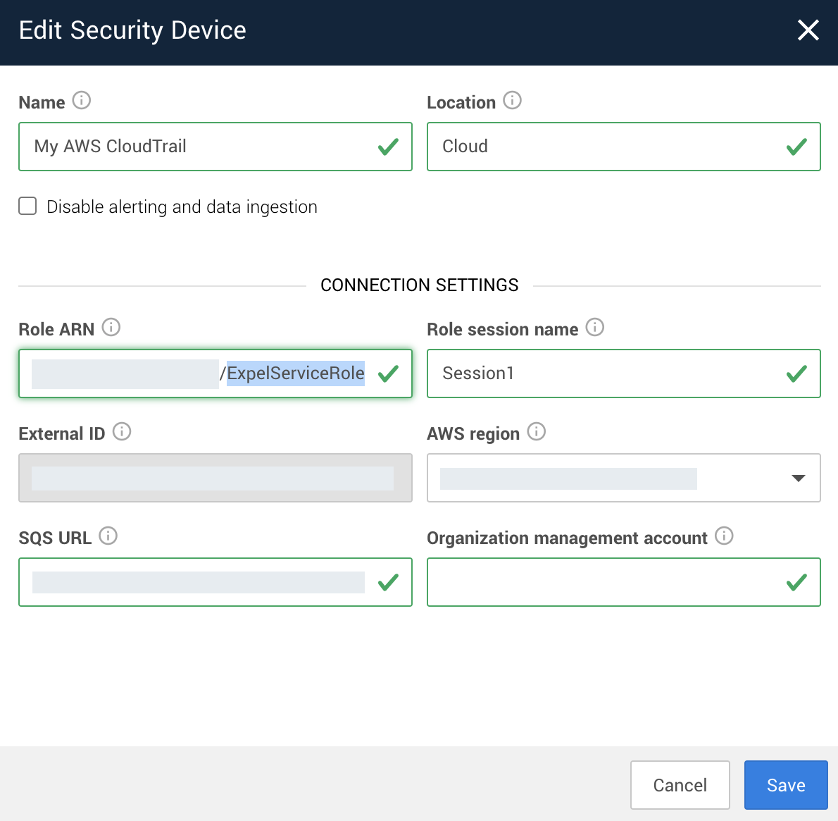 AWS CloudTrail Security Device settings