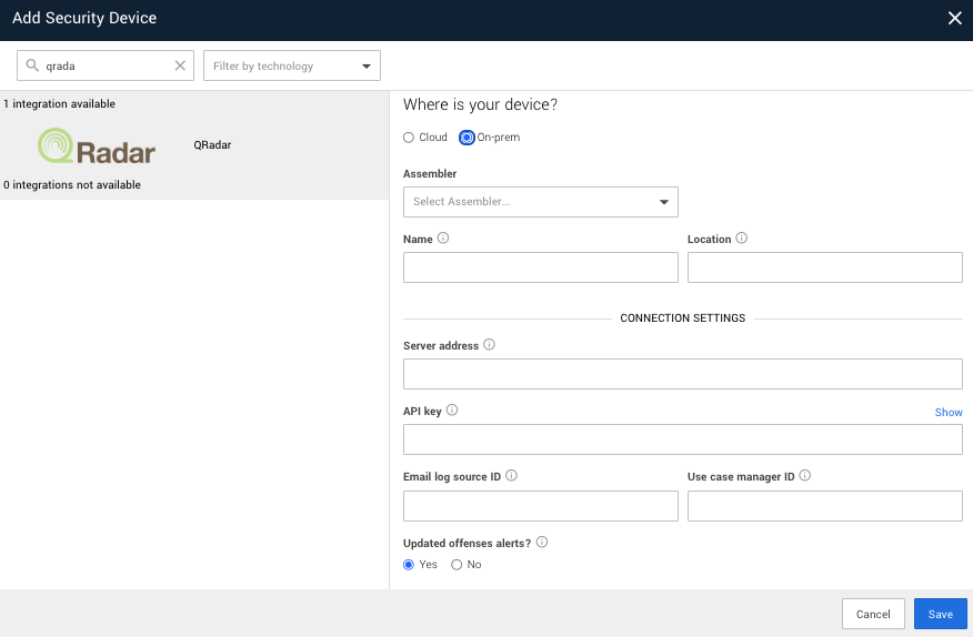 QRadar fields on the Add Security Devuice screen