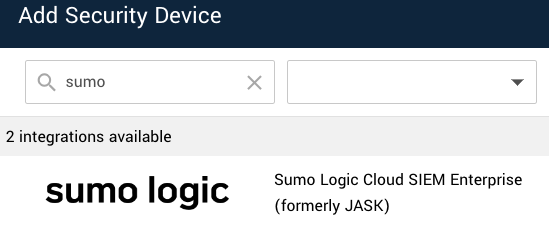 Add Security Device dialog with the "Sumo Logic Cloud SIEM Enterprise (formerly JASK)" entry